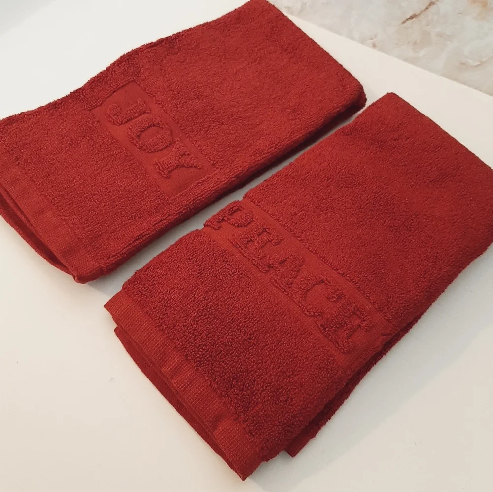 *Pottery Barn Cardinal Red Joy Peace Guest Towels - Set of 2 Towels